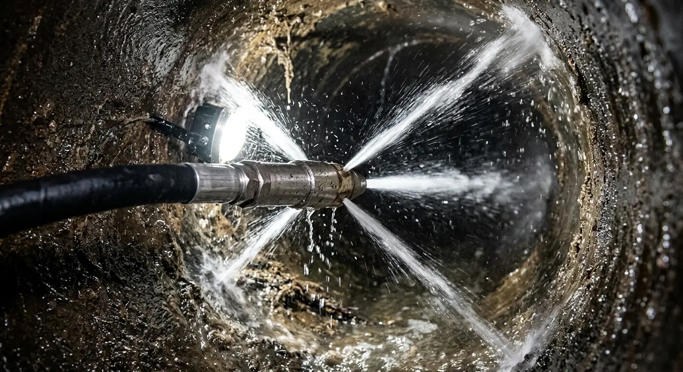 High-pressure hydro jetting nozzle cleaning sewer pipe for Storm Drain Cleaning in Sturgeon Bay