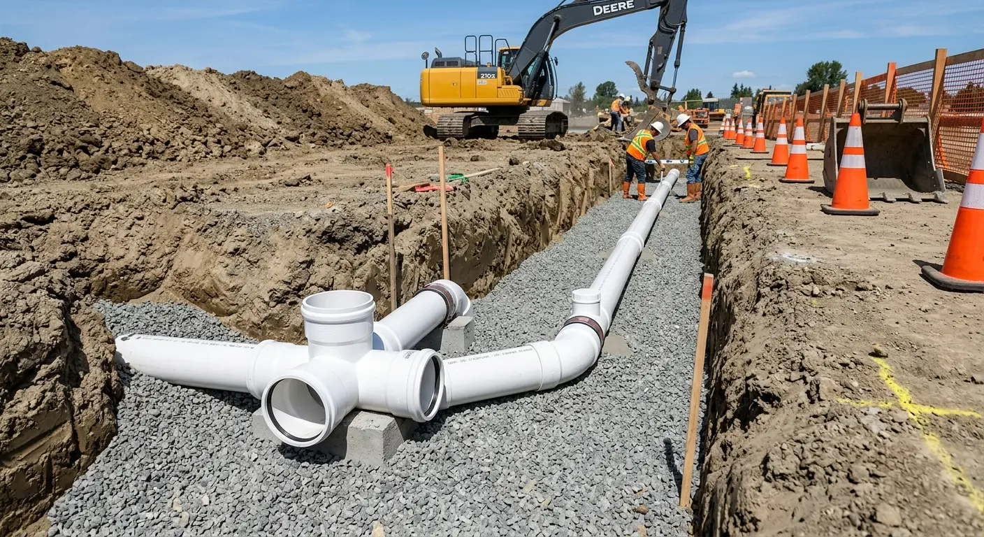 New PVC sewer pipe installation in open trench for Grease Trap Cleaning in Sturgeon Bay