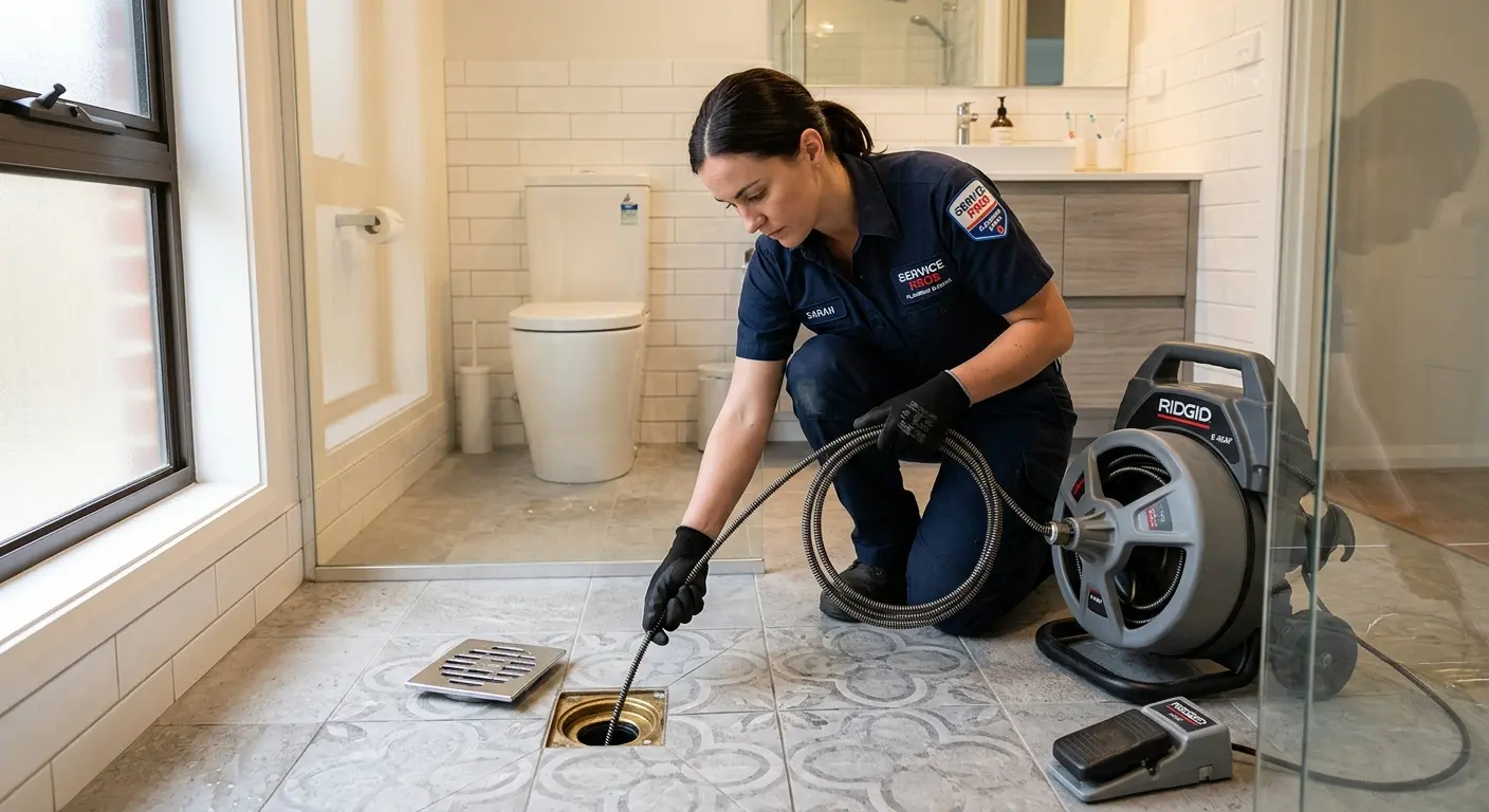 Technician clearing a bathroom floor drain for Drain Cleaning in Sturgeon Bay